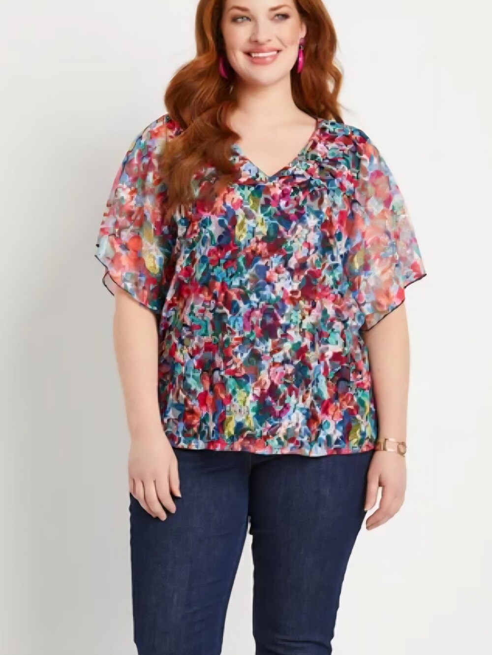 Adele & May Plus Size Blouse Top 3X Watercolor Floral Asymmetrical Hem Boho